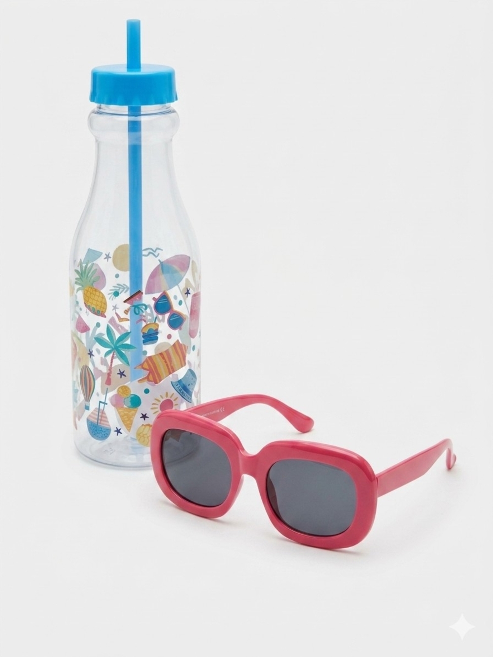 Pink Retro Square Sunglasses with Blue Topped Printed Bottle